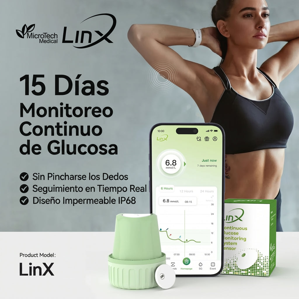 Monitor de Glucosa Continuo MicroTech LinX — Sin Pinchazos, Control en Tiempo Real por 15 Días