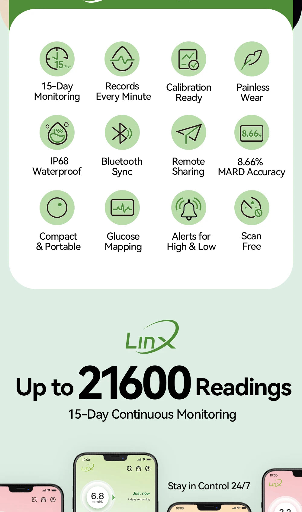 Monitor de Glucosa Continuo MicroTech LinX — Sin Pinchazos, Control en Tiempo Real por 15 Días