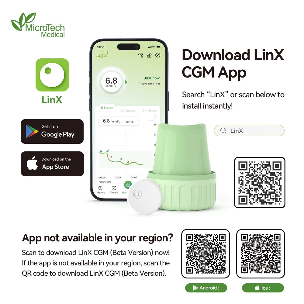 Monitor de Glucosa Continuo MicroTech LinX — Sin Pinchazos, Control en Tiempo Real por 15 Días